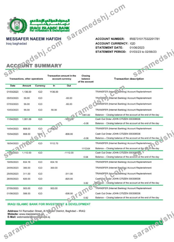 Iraq Islamic Bank For Investment & Development bank statement Excel and PDF template